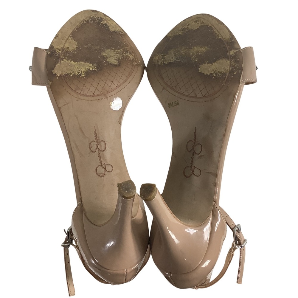 Jessica Simpson Nude Patent Rhinestone Ankle Strap Heels Womens Size 8M Tan - Picture 6 of 7
